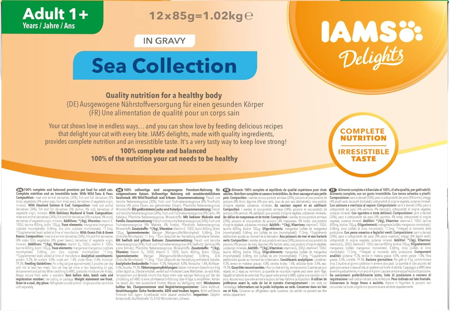 IAMS Delights Sea Collection Katzenfutter Nass - Multipack mit Fisch Sorten (Lachs, Thunfisch, Maquereau, Seefisch) en Sauce, Nassfutter für Katzen à partir de 1 janvier, 12 x 85g