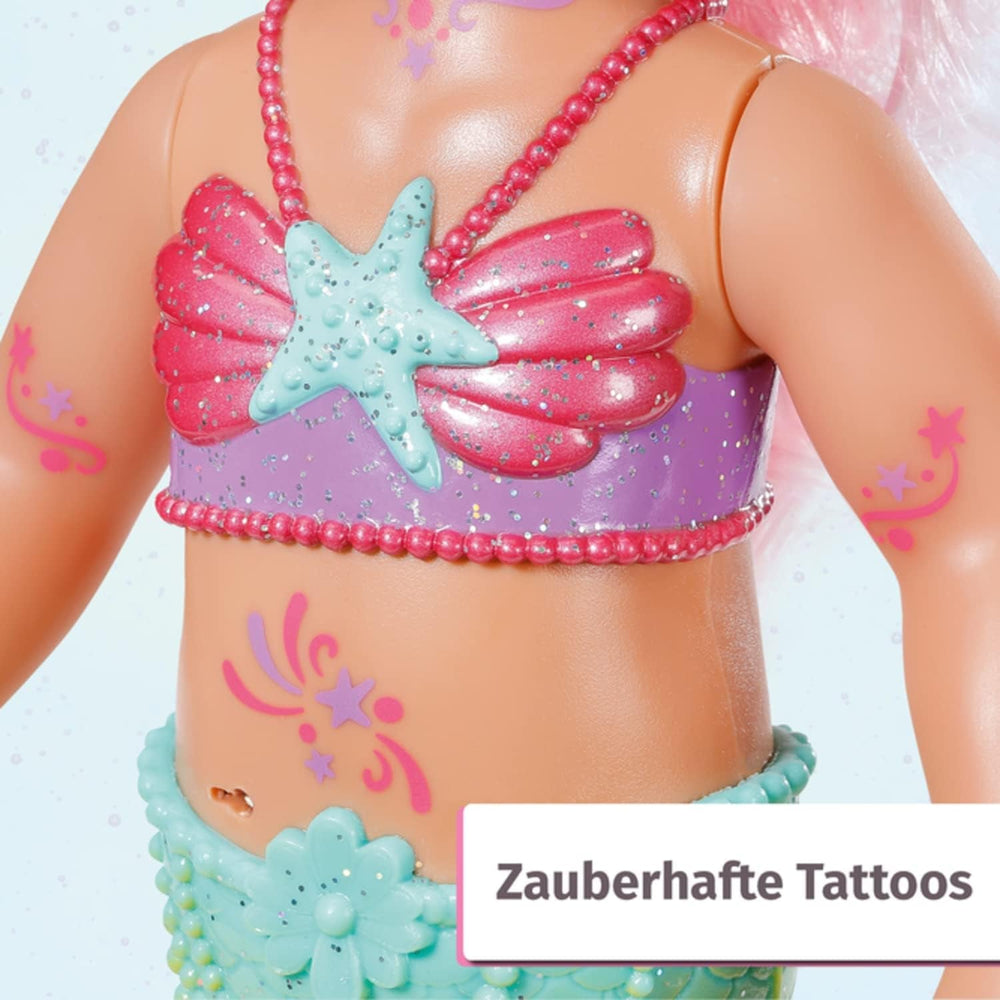 BABY Born Little Sister Mermaid 46 cm Poupée sirène imperméable avec cheveux longs et nageoire scintillante mobile, avec jouet. diadème et peigne, 833681 Zapf Creation Dolls Naty Shop
