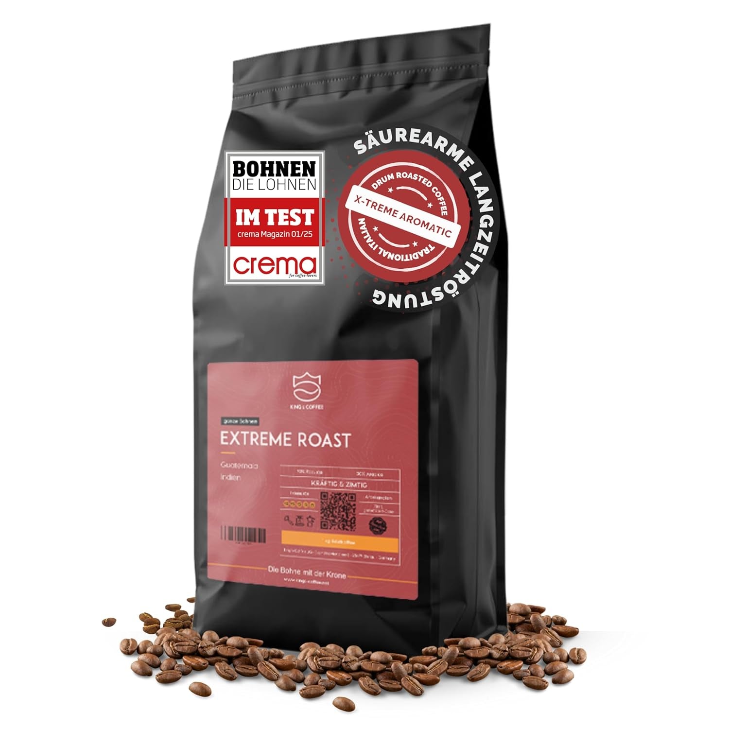 KING'S COFFEE - EXTREME ROAST - Espresso Intenso en grains - très faible acidité - torréfaction en petits lots d'Italie - grains de café pour machines entièrement automatiques et machines à porte-filtre - 1 kg