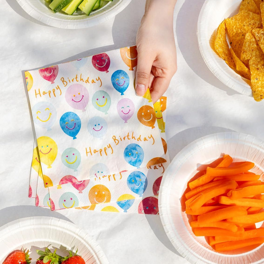 Serviettes de table en papier de haute qualité Happy Birthday Smiley Face Serviettes en ballon pour la restauration de fête Serviettes jetables écologiques compostables durables recyclables