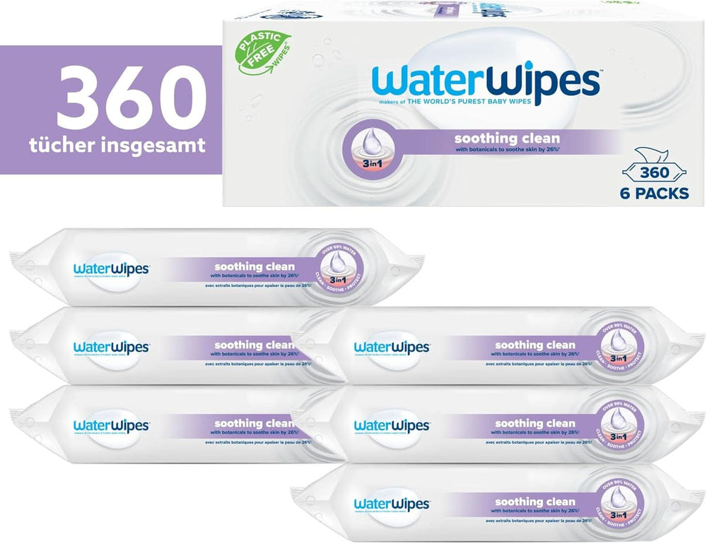 Water Wipes Lingettes nettoyantes pour bébé, 360 lingettes (paquet de 6), avec 99 % d'eau et d'extraits botaniques Lingettes humides pour bébé Naty Shop