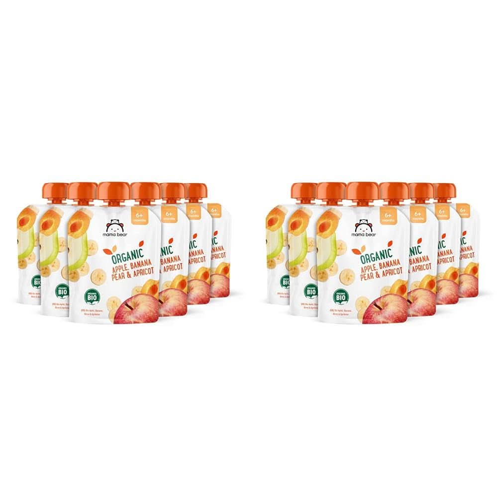 Mama Bear, purée bio différents fruits, coffret 6 x 90 grammes Mère et Enfant Naty Shop 12 x 90 grammes Pommes, poires, bananes et abricots