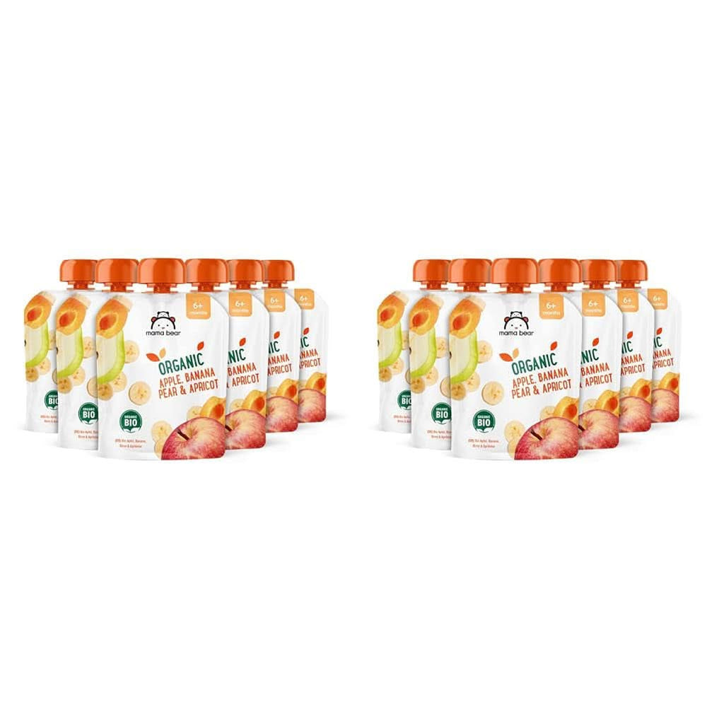 Mama Bear, purée bio différents fruits, coffret 6 x 90 grammes Mère et Enfant Naty Shop 12 x 90 grammes Pommes, poires, bananes et abricots