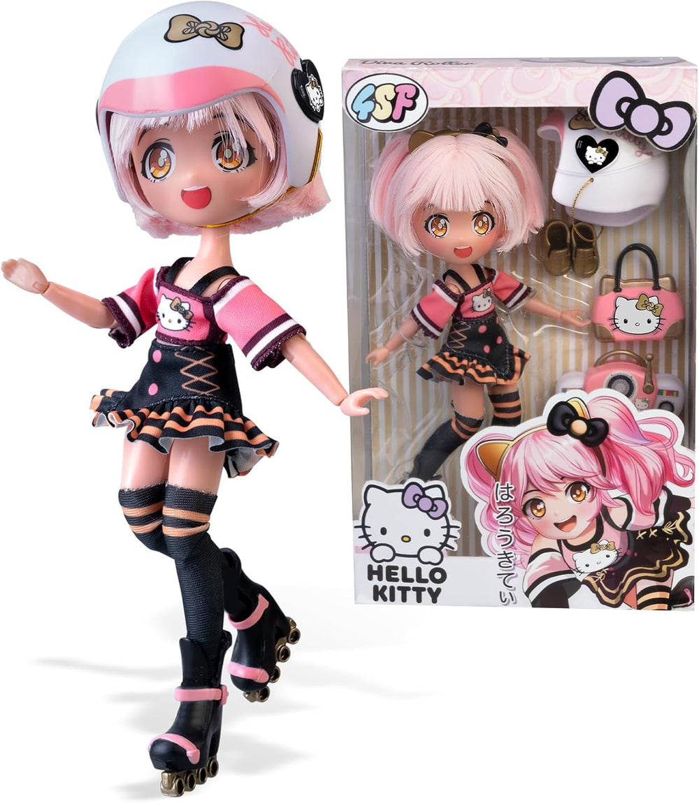 4SF -  Golden Diva Roller, Japanische Fashion Puppe im Rollschuh-Look, Figur von 19,5 cm mit 15 Gelenkpunkten, Inklusive Helm, Tasche, Musikzubehör und Stiefel, Famosa (HKTF1000)