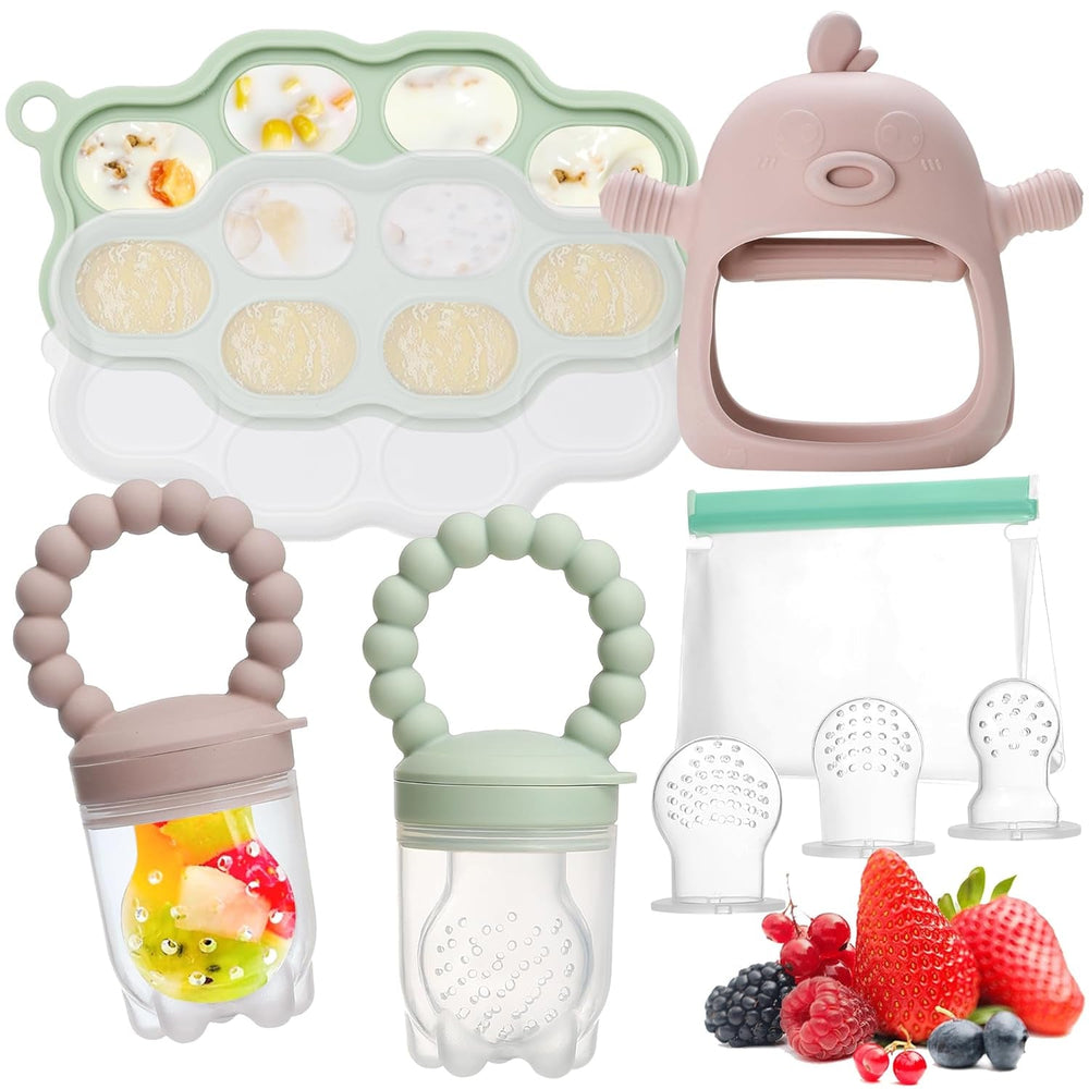 Mangeoire à lait maternel pour bébé, mangeoire à fruits, contient 2 mangeoires à fruits en silicone, stockage des aliments pour bébé, jouet de dentition pour bébé, 5 tétines en silicone en 3 tailles, sans BPA (bleu et rose)