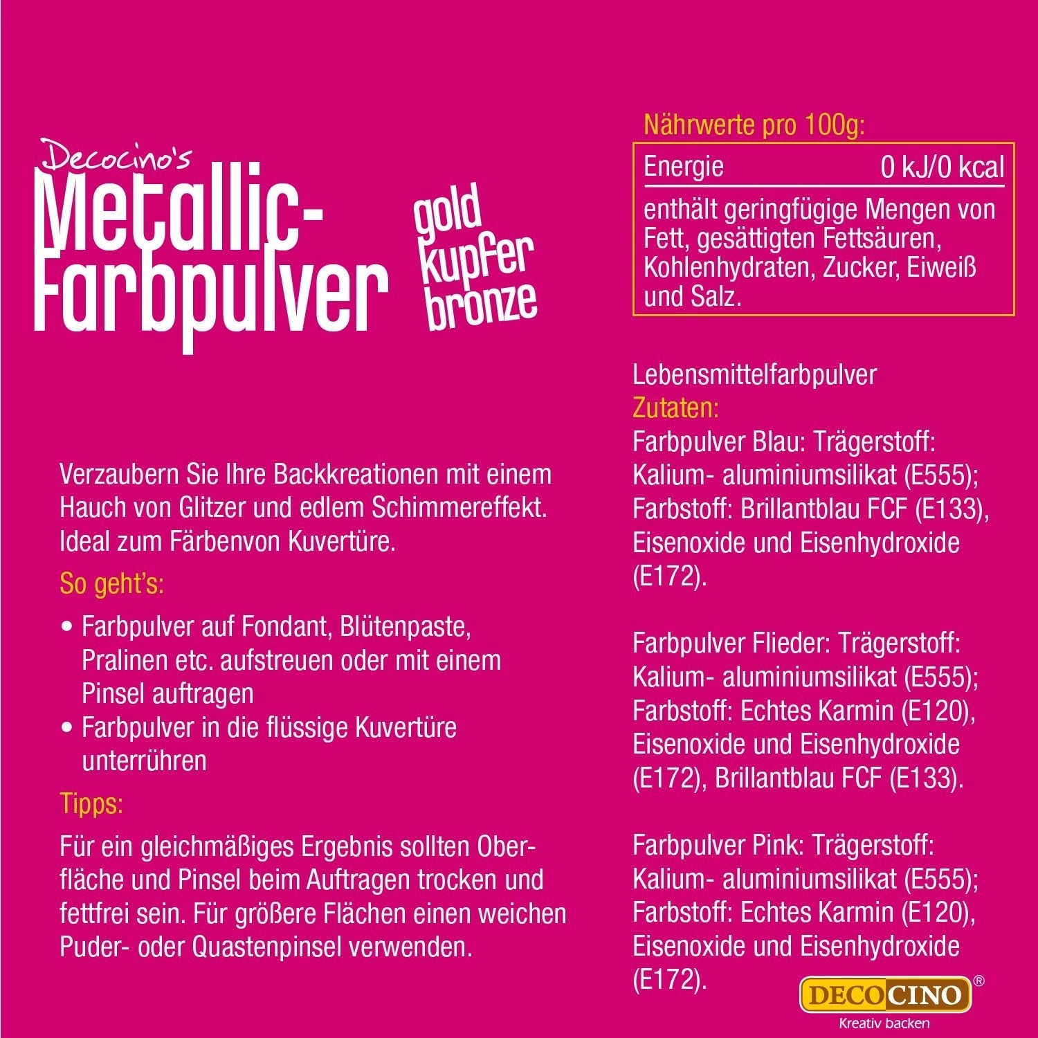 Poudre colorante pastel métallique DECOCINO (3X2G) – Bleu, Lilas et Rose – Poudre colorante alimentaire – Poudre pailletée adaptée pour fondant comme décoration de gâteaux et décoration de gâteaux !