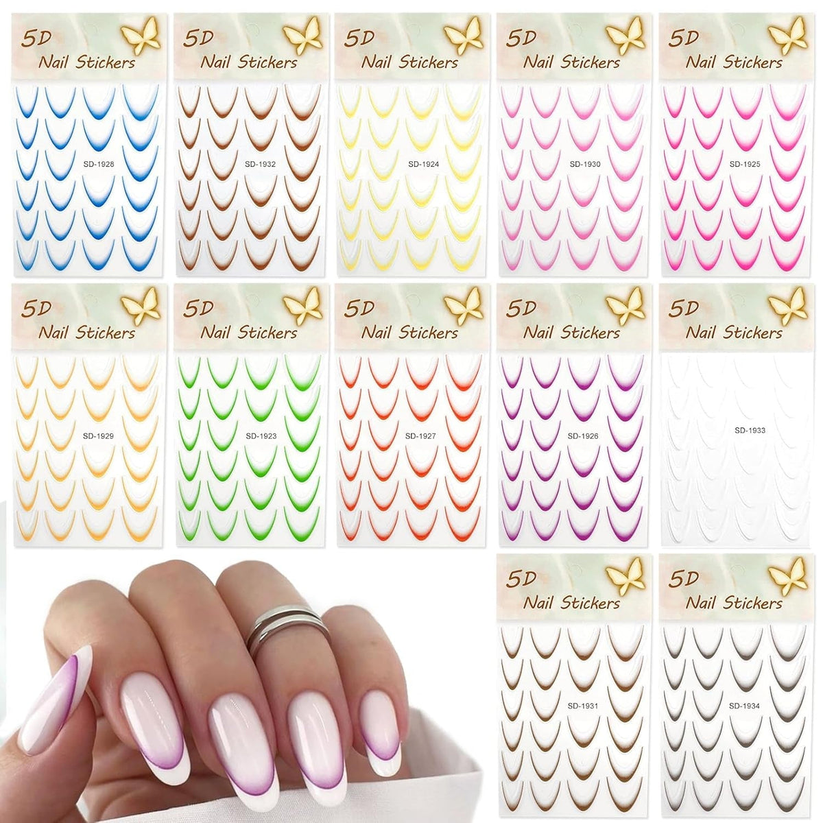 12 pièces French Tip Nagelsticker Selbstklebend Bunte French Nails Schablone Nagelaufkleber Nail Art Stickers Nageldesign DIY Nägel Zubehör(12 Farben)