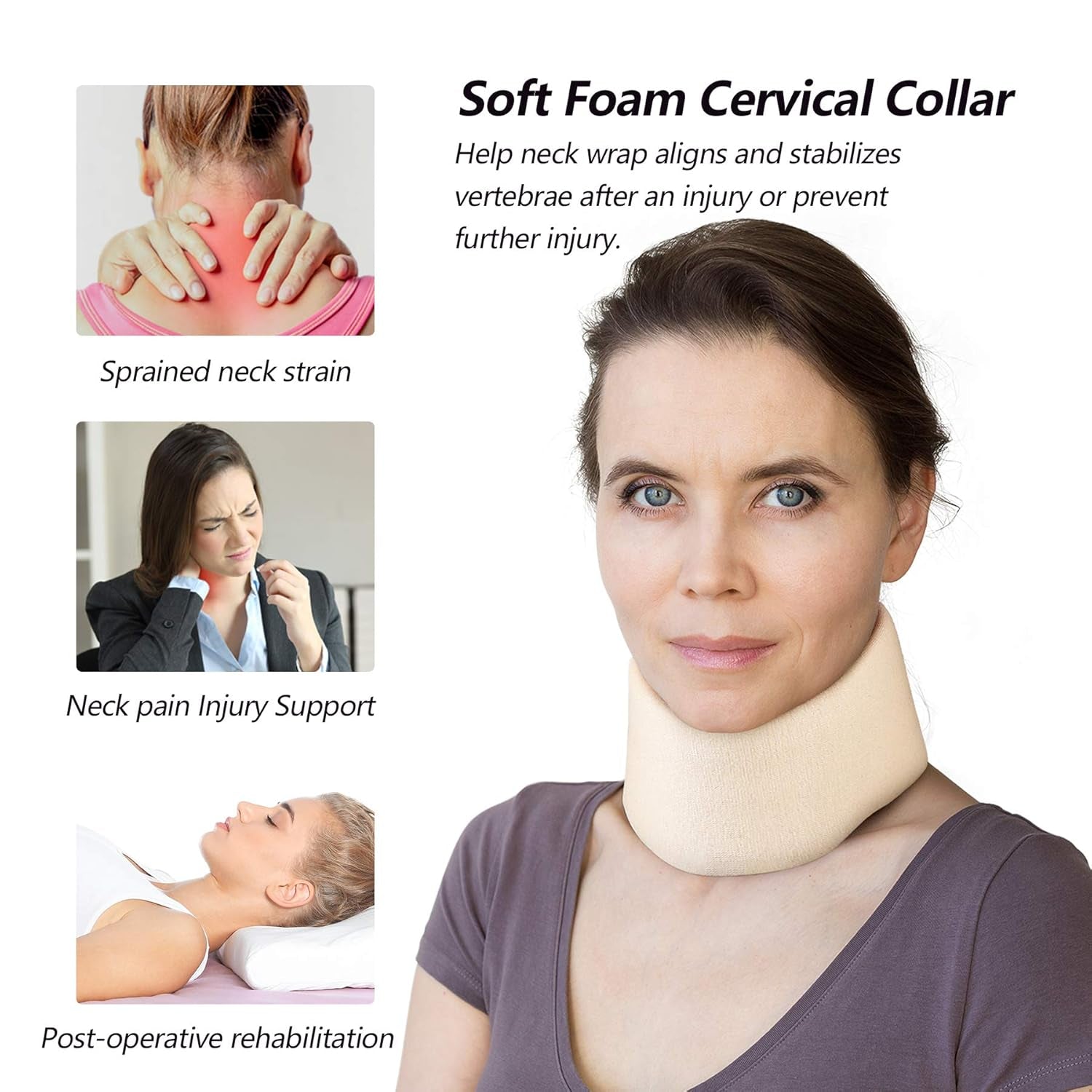 RESTCLOUD Suport pentru gât fabricat din spumă moale, colier universal, suport reglabil pentru gât pentru somn - ameliorează durerea de gât (alb, 6,4 cm guler adânc, M) Perne ortopedice cervicale Naty Shop