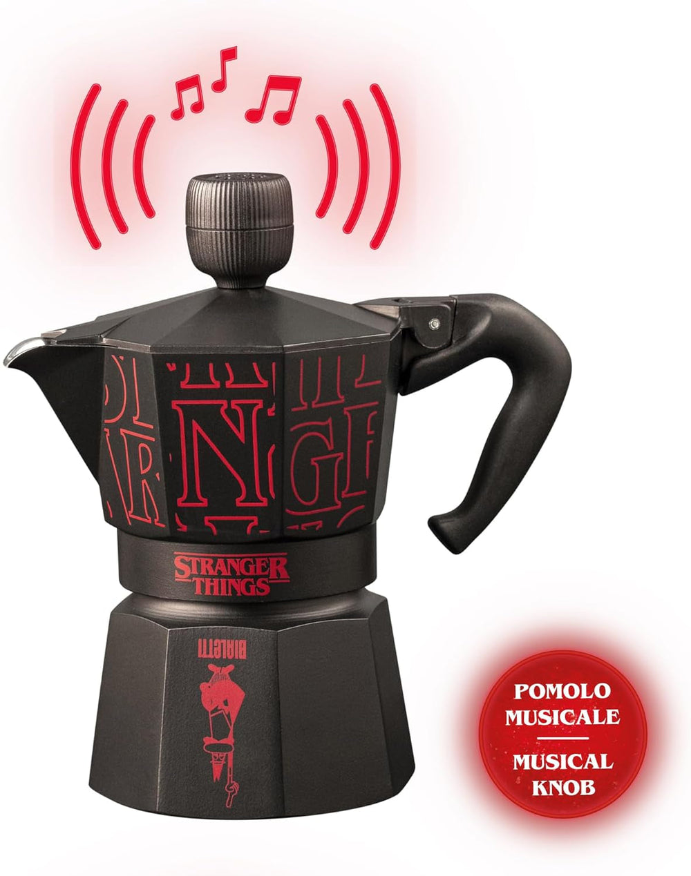 Bialetti Moka Express Stranger Things Cafetière 3 tasses, Bouton musique avec fonction de chargement USB-C, Ne convient pas aux plaques à induction, 3 tasses (130 ml), Noir