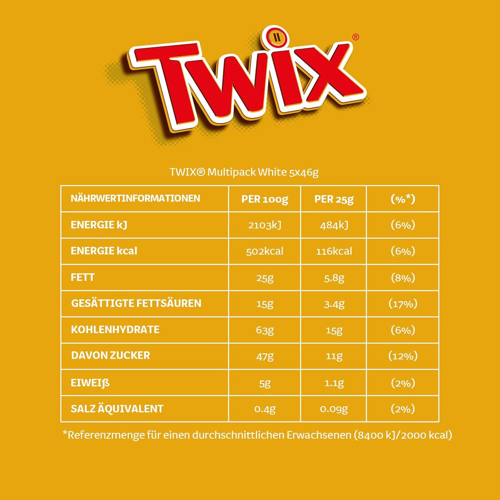 Barres de chocolat blanc Twix ; caramel, biscuits, chocolat blanc ; plusieurs paquets de chocolats ; 5 barres (5 x 46 g)