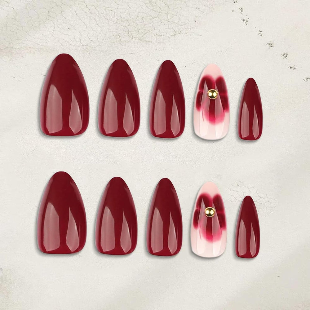 24 fleurs bordeaux avec armure de diamant, presse sur ongles, colle sur ongles artificiels, ensemble de pointes d’ongles