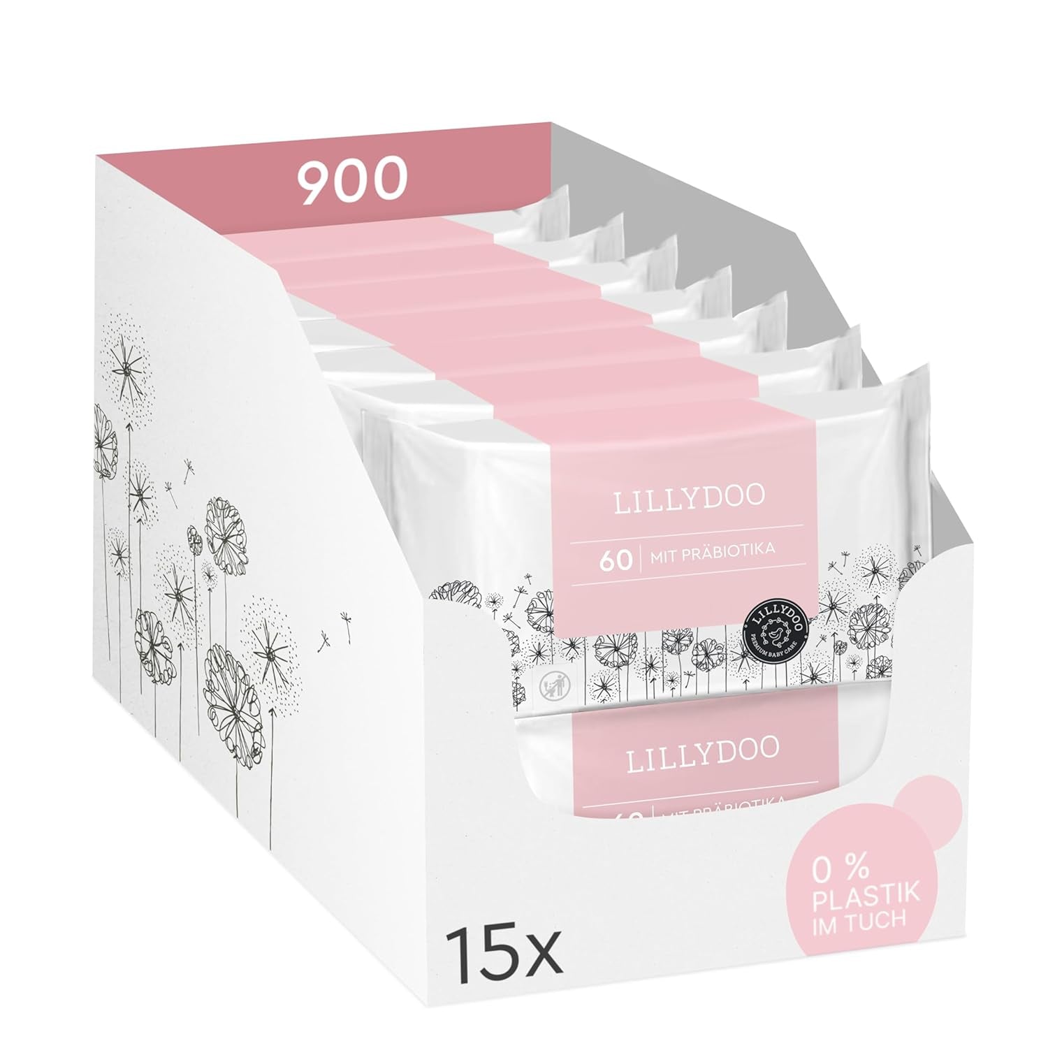 LILLYDOO Lingettes humides vertes, 600 unités (10 x 60), 100 % sans plastique, résistantes aux déchirures – Sans parfum, douces et naturelles, nettoyage doux pour les peaux sensibles, testées dermatologiquement
