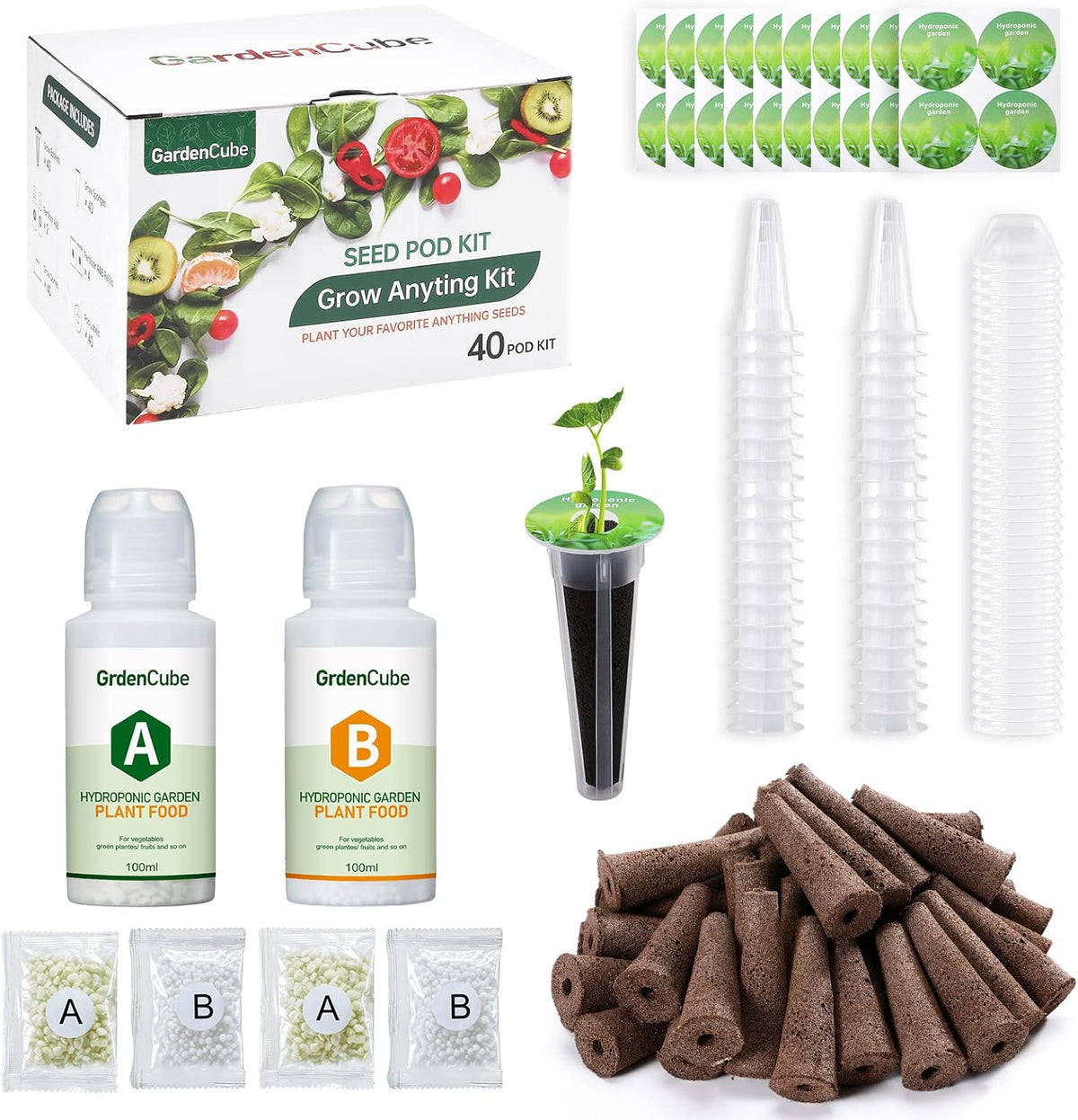Ensemble de capsules hydroponiques de 166 pièces : kits de plantes pour cultiver n'importe quoi - comprenant des éponges de culture, des dômes de culture, des étiquettes d'aliments pour plantes A&B - Accessoires hydroponiques pour la plupart