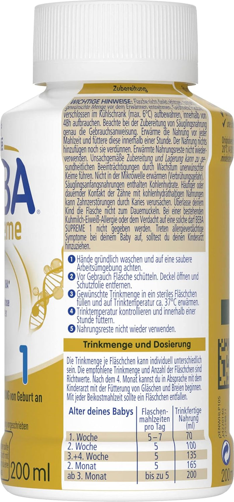 BEBA Nestlé BEBA SUPREME 1 Préparation pour nourrissons : Biberons prêts à boire avec Oméga 3, 1 paquet (1 x 200 ml)