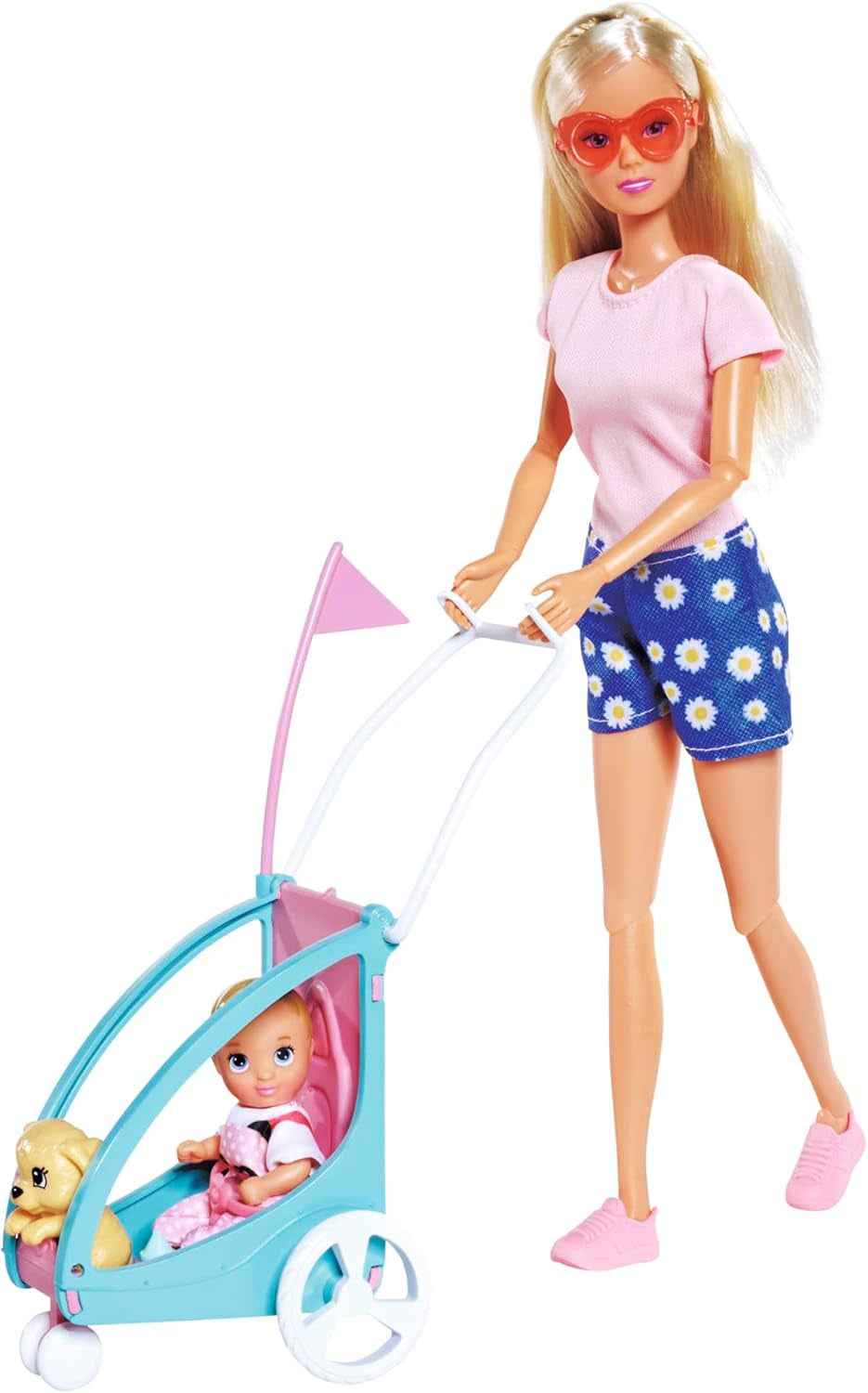 Steffi Love Bike Trailer, poupée sur vélo avec remorque pour bébé, chien et écouteurs, 3 ans et plus