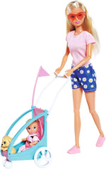 Steffi Love Bike Trailer, poupée sur vélo avec remorque pour bébé, chien et écouteurs, 3 ans et plus