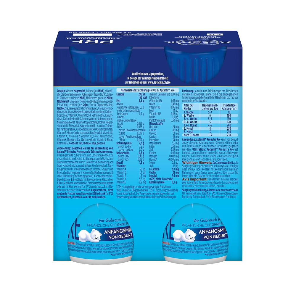 Aptamil Pronutra Pre - Préparation infantile dès la naissance - Aux huiles végétales, sans huile de palme - 6 x 4 x 200 ml (4800 ml)