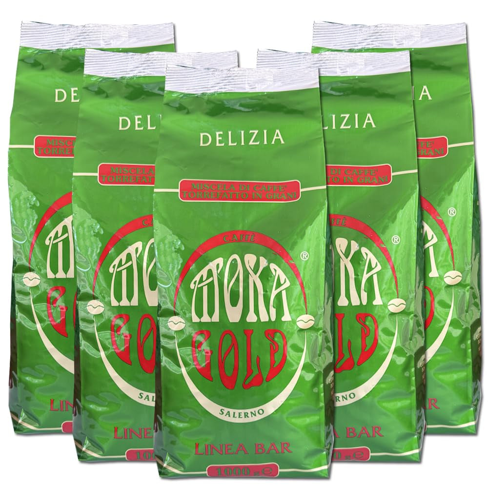 Moka Gold Line Cup of Gold - 5 sachets de 1 kg chacun - Café en grains au goût raffiné - Mélange arabe - Idéal pour les bars et restaurants - Plein de saveurs - Campanie - Torréfaction artisanale