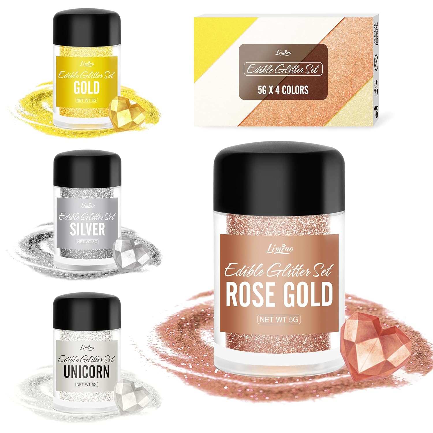 Shimmer Glitter Dust, Paillettes comestibles, 30 grammes Naty Shop 4 couleurs x 5 grammes