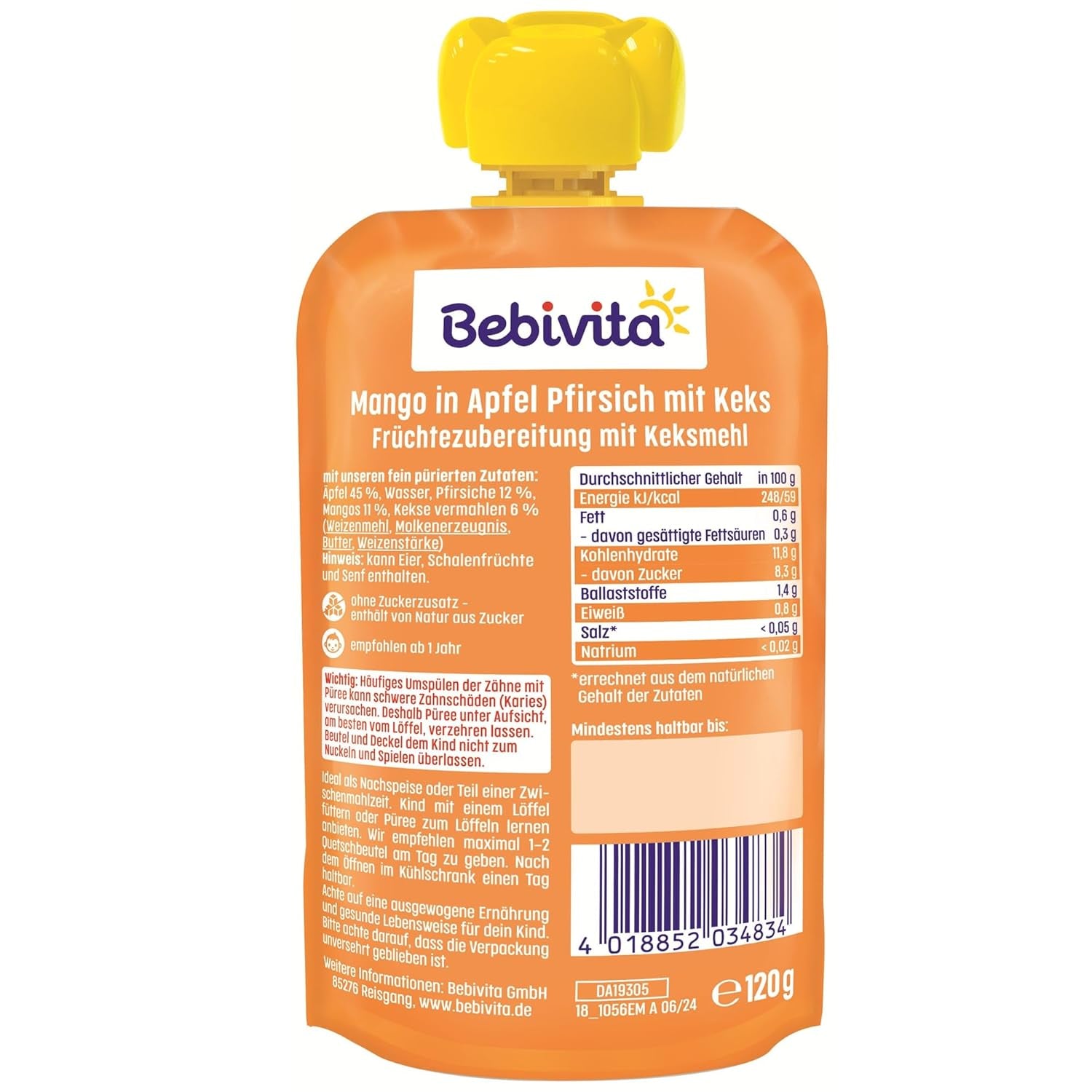 Mangue à la sauce pomme et pêche avec sachet de biscuits (6 x 120g), sans sucre ajouté, à base de fruits doux et de céréales précieuses, idéale pour les collations emballées et à emporter.