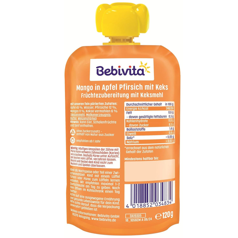 Mangue à la sauce pomme et pêche avec sachet de biscuits (6 x 120g), sans sucre ajouté, à base de fruits doux et de céréales précieuses, idéale pour les collations emballées et à emporter.