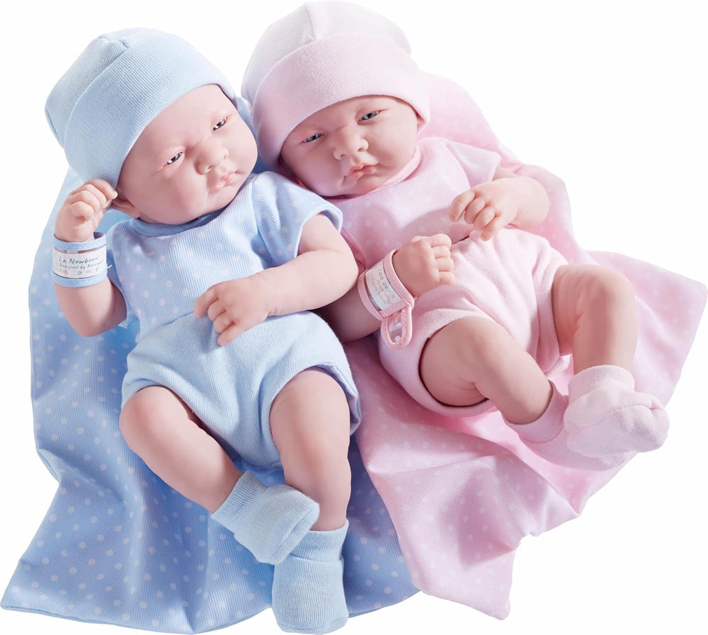 jc toys 102-18540 – Kinderpuppe, Körper aus Gummi, Blaue Kleidung mit Punkten, 36 cm