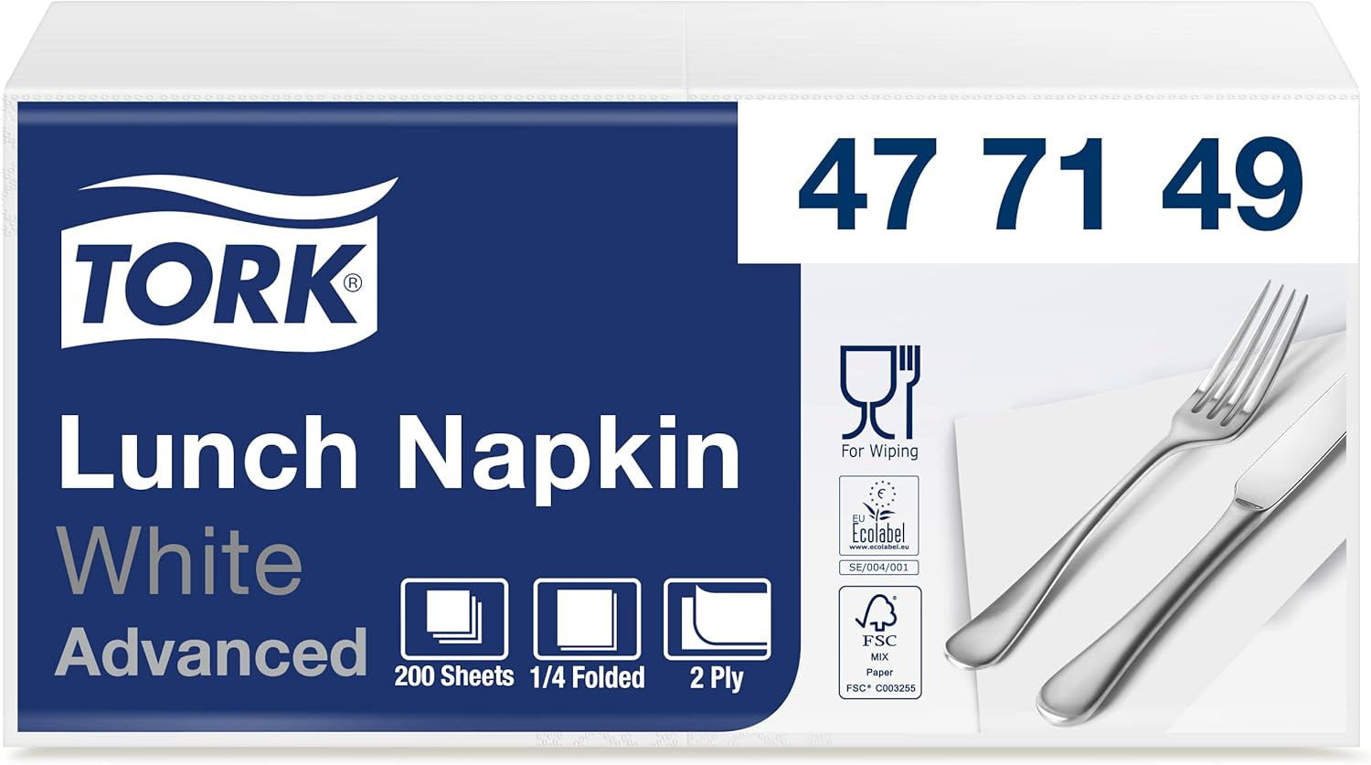 Serviette de table Tork Soft blanche, pli 1/8, 3 épaisseurs, 33 cm × 33 cm, 150 serviettes, 477416