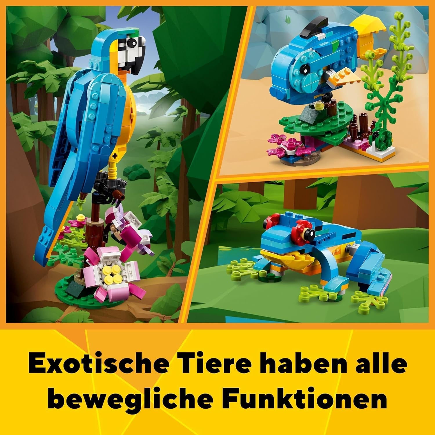 LEGO Creator 3in1 Exotischer Papagei - Konstruktionsspielzeug mit DREI Tierfiguren - Spielzeug mit Papagei, Fisch und Frosch Minifiguren - Kreatives Geschenk für Mädchen und Jungen ab 7 Jahren 31136