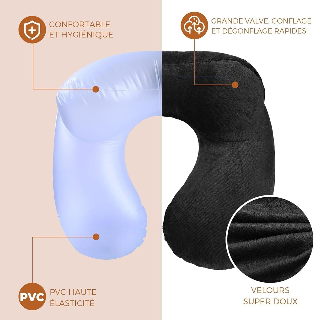 Oreiller de Voyage Gonflable, Oreiller de Voyage avec Masque de Sommeil + Bouchons d'Oreilles + Sac de Transport, Super Léger et Portable, Idéal pour Avion, Voiture, Maison, Bureau, Noir Naty Shop Oreillers de Voyage