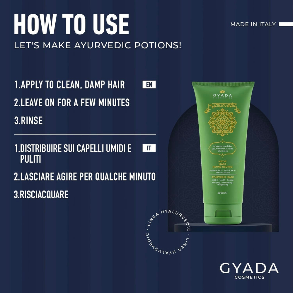 GYADA COSMETICS, Compresse Ayurvédique Renforçante Hyalurvédique, Traitement Professionnel pour Cheveux Fins et Faibles, Anti-Frizz au Methi, Maca, Henné Neutre, Masque Capillaire Naty Shop 200 ml