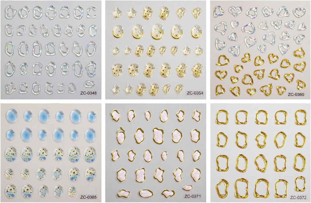 JMEOWIO 6 Blatt 3D Nail Sticker Goldene Unregelmäßige Geometrische Nail Art Sticker Selbstklebend Nagelaufkleber 5D Stereoskopisch Dekoration Nageldesign Zubehör