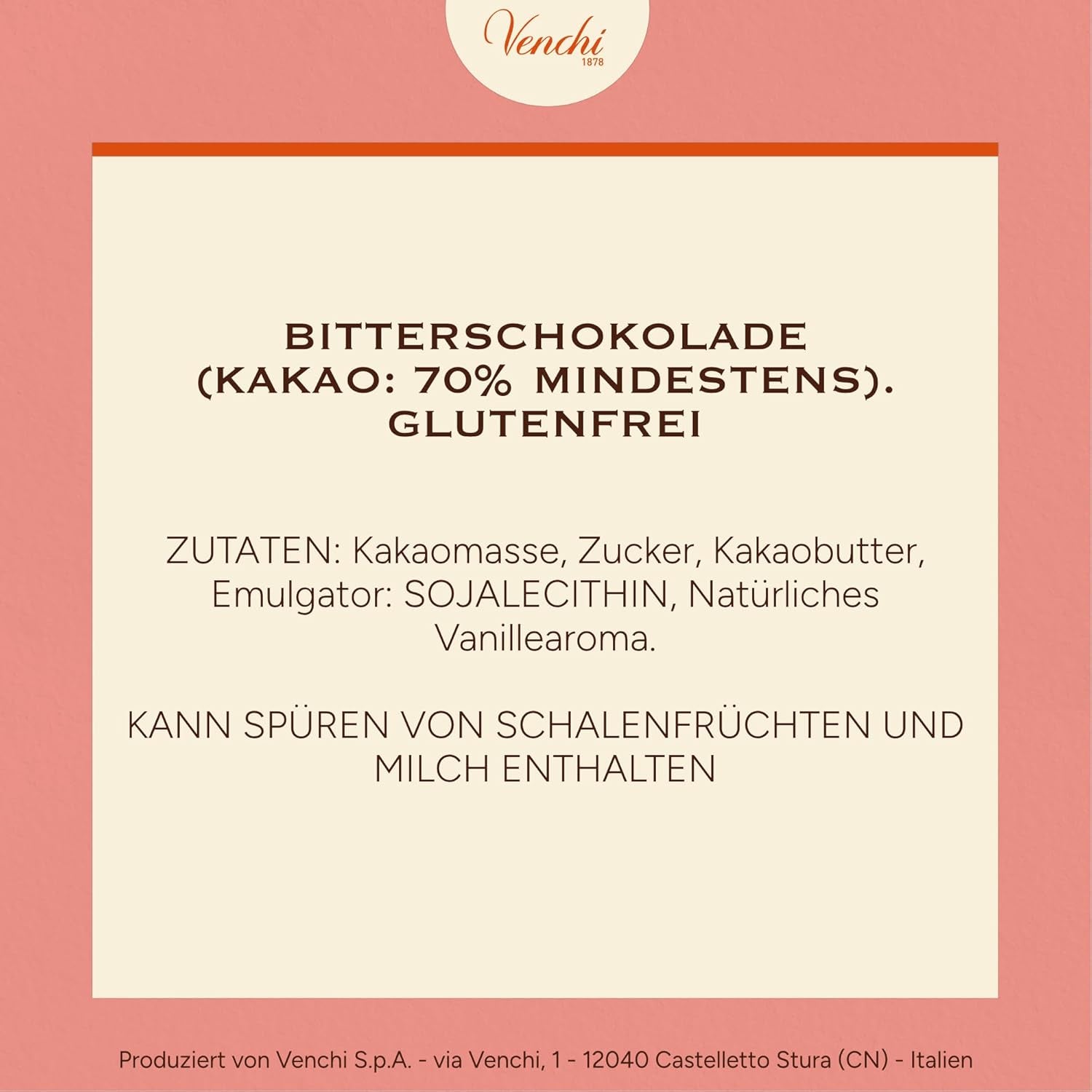 Venchi - Chocolat noir 70%, 78 g - Avec des mélanges de cacao sélectionnés - Sans gluten - Vegan
