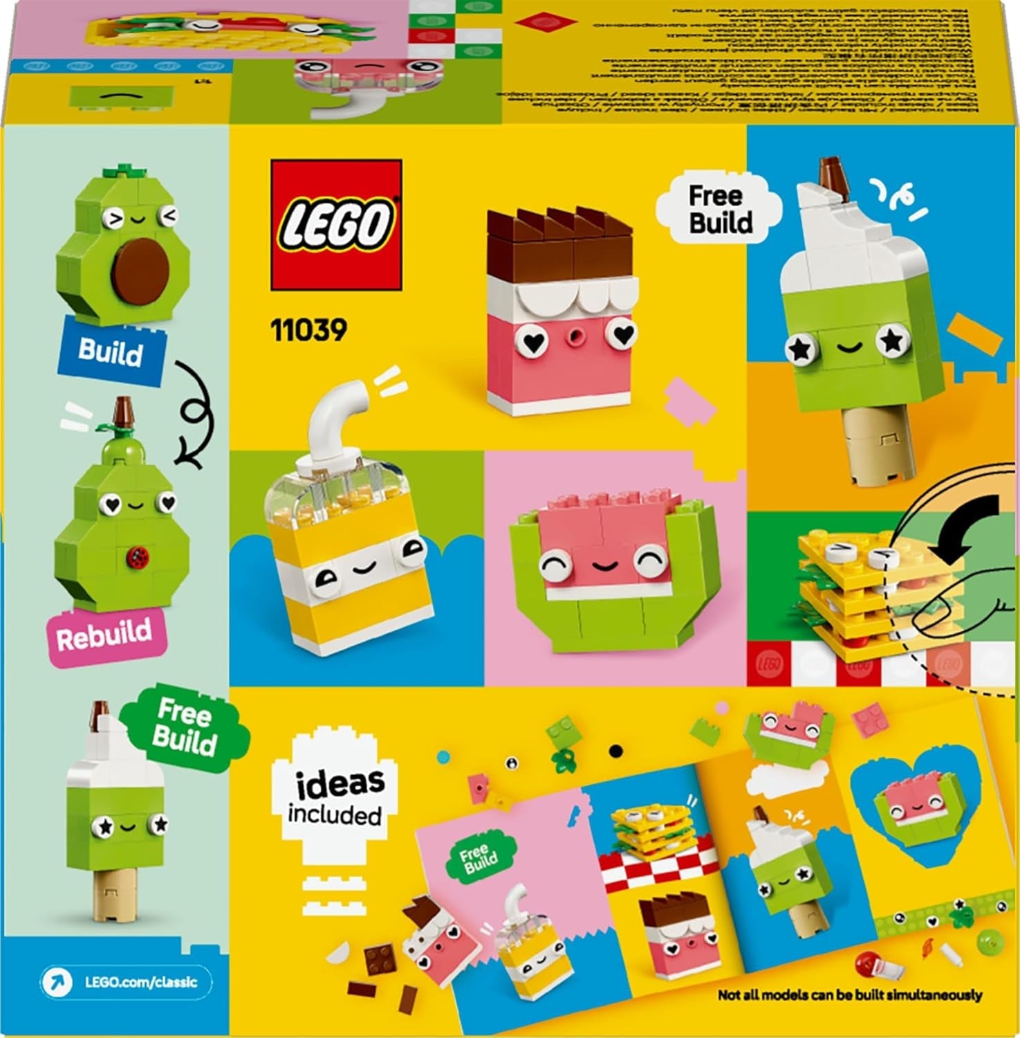 LEGO Classic Kreativer Snack Bauspaß, Spielzeug mit Essen für fantasievolle Rollenspiele, Bauset für Jungen und Mädchen ab 4 Jahren, Cupcake, Avocado, EIS am Stiel und Taco 11039