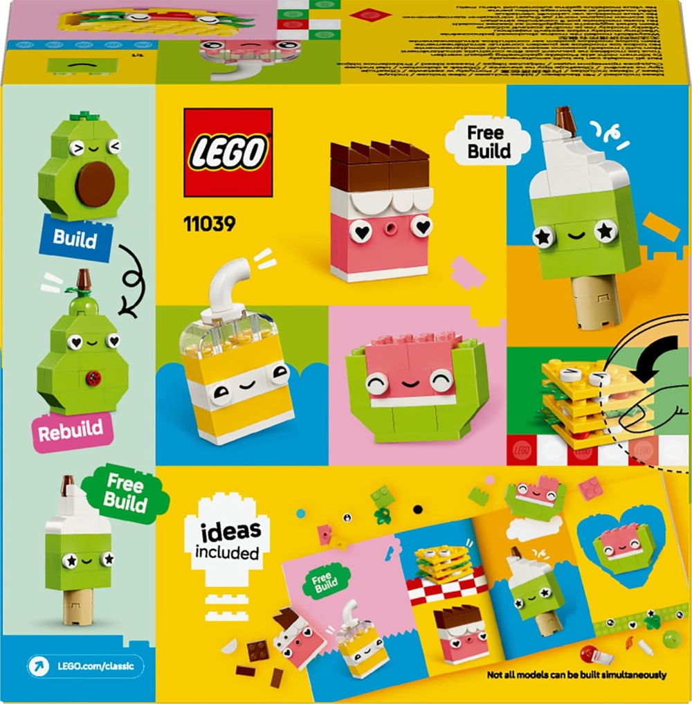 LEGO Classic Kreativer Snack Bauspaß, Spielzeug mit Essen für fantasievolle Rollenspiele, Bauset für Jungen und Mädchen ab 4 Jahren, Cupcake, Avocado, EIS am Stiel und Taco 11039