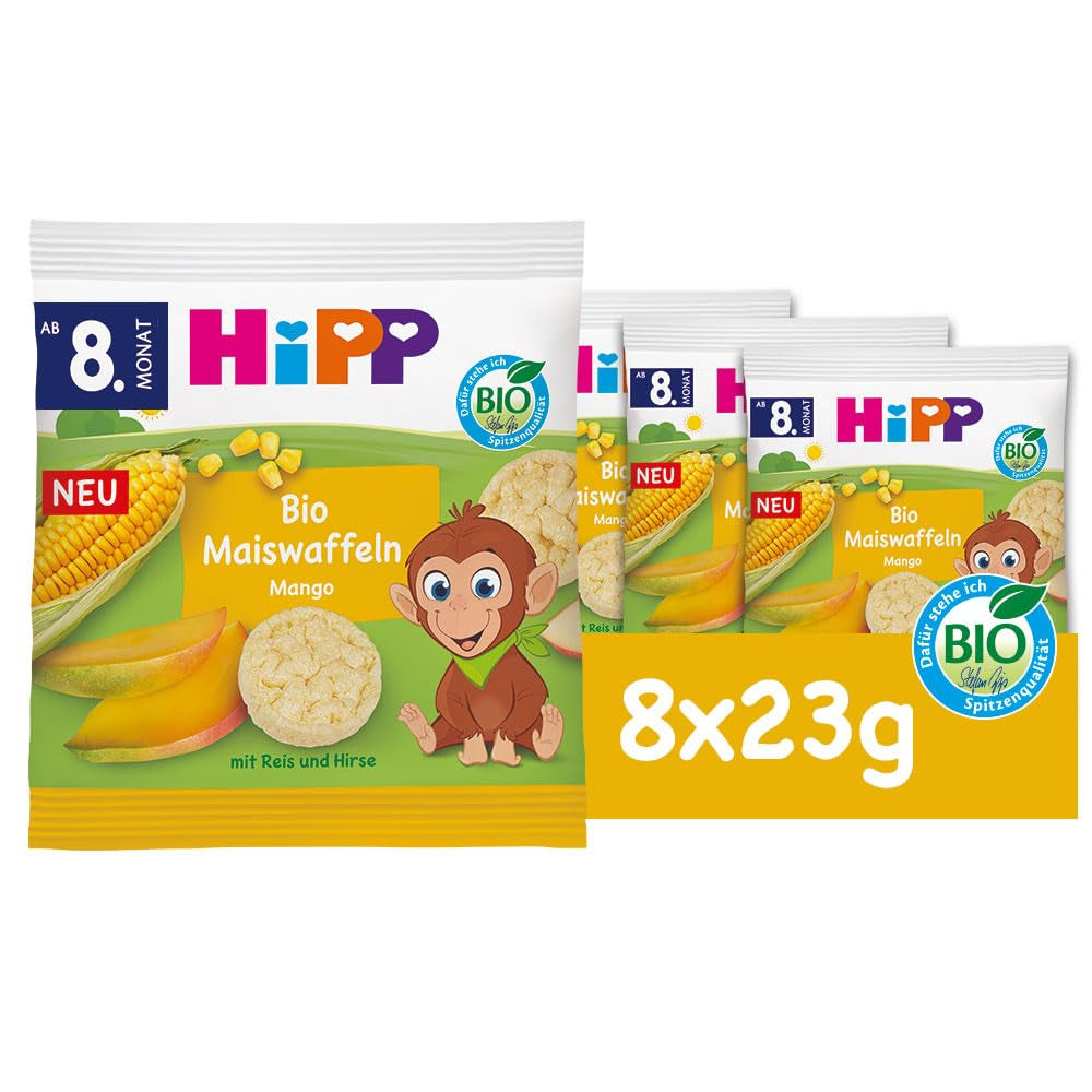 HiPP Vafe Organice din Porumb cu Mango (8 x 23 g), gustare pentru bebeluși de la 8 luni, îndulcită doar cu fructe și legume, fără gluten, de cea mai bună calitate organică