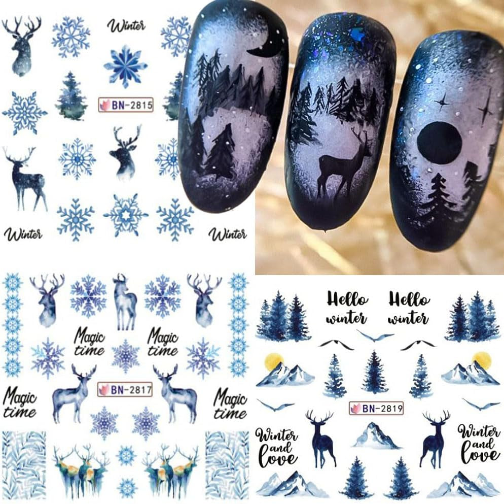 Autocollants pour ongles de Noël 3D auto-adhésifs à transfert d'eau, arbre de Noël, flocon de neige, élan, pingouin, nail art de Noël, dessins d'ongles d'hiver, autocollants de Noël, accessoires pour ongles