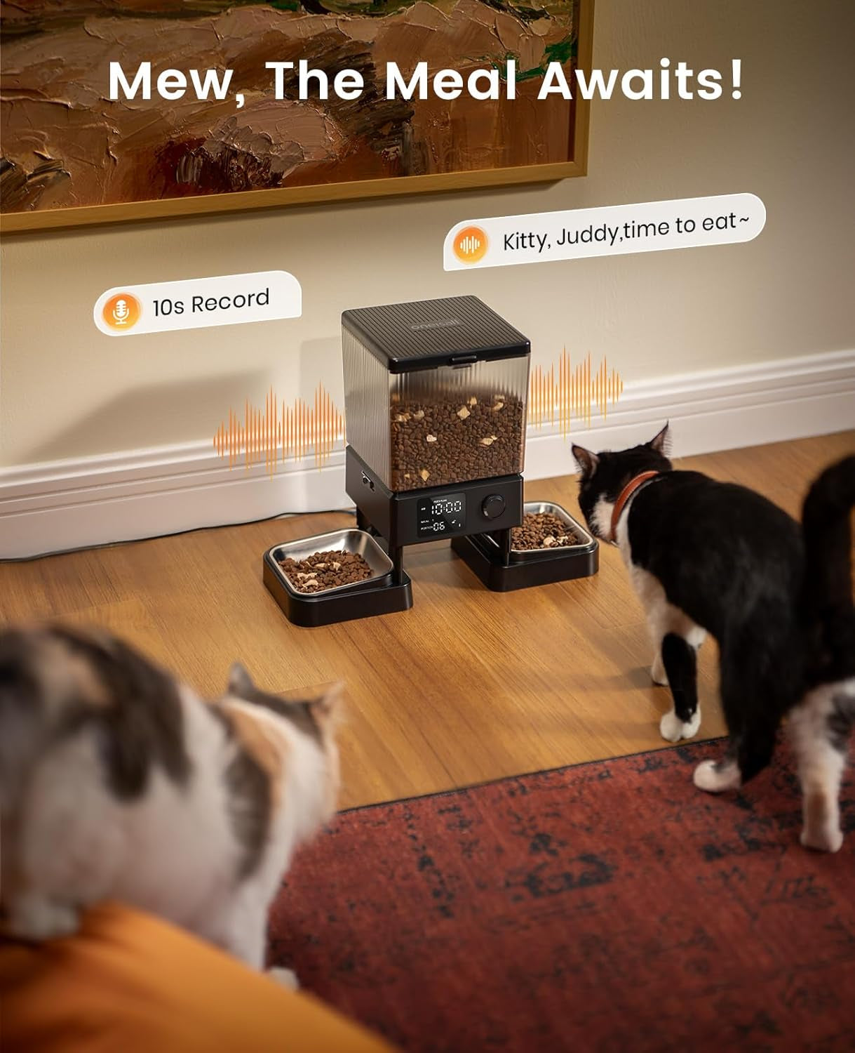 oneisall 5L Futterautomat Katze 2 Napfe, Katzenfutter Automat mit einem Knopf, Einfache Bedienung, Futterspender für Katzen/Hunde, mit Edelstahlschüssel, Voice Recorder, for small/mittlere Haustiere
