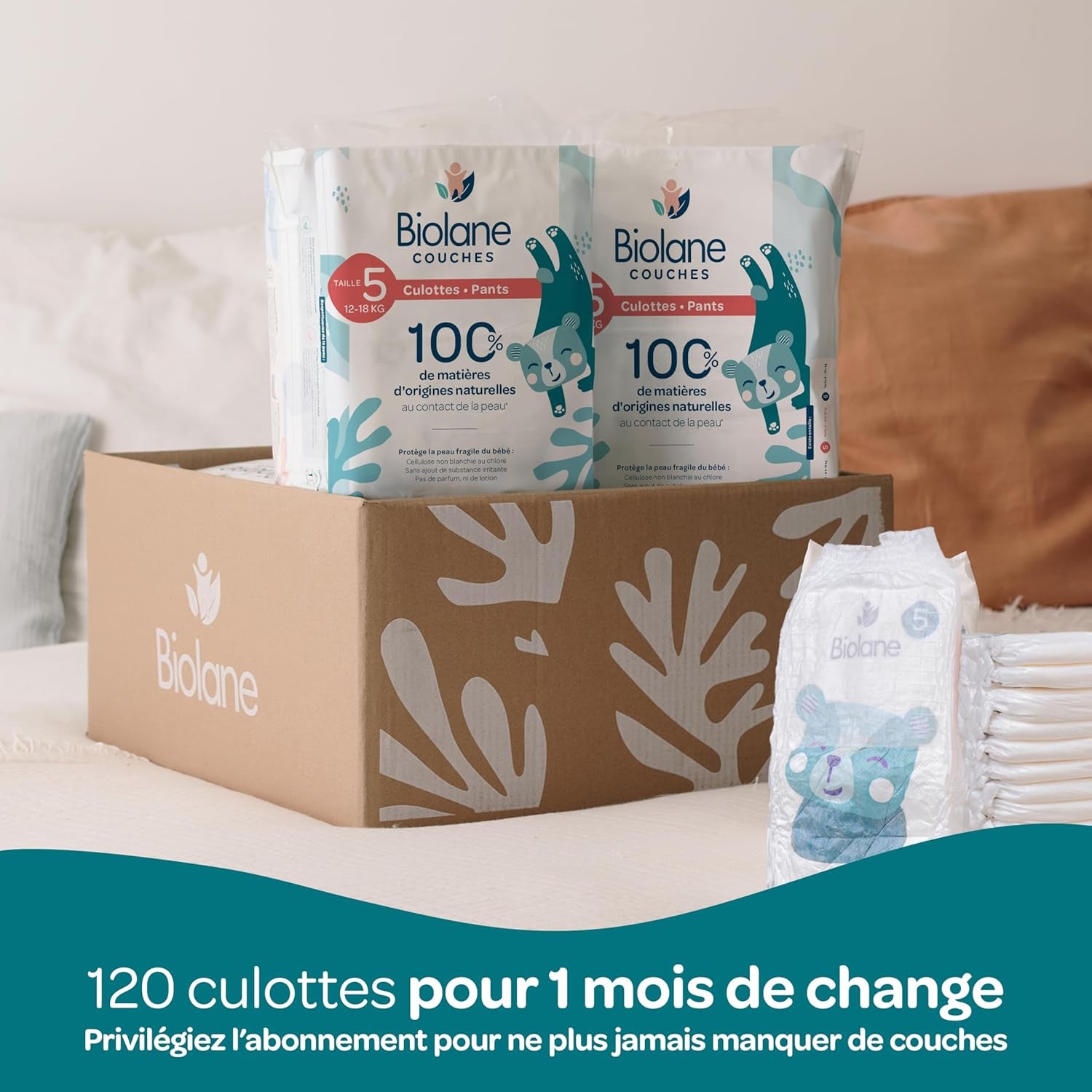 BIOLANE - Couches courtes - Taille 5 (12-18 kg) - étanchéité 12 heures - pack 1 mois - 120 couches - écologique
