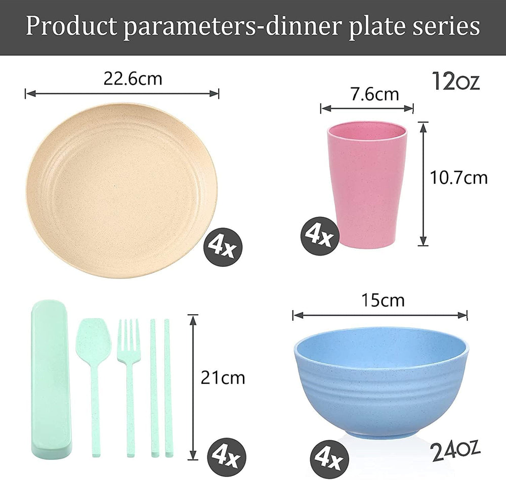Ensemble de couverts de camping en plastique pour 4 personnes, réutilisables, indestructibles, assiettes, tasses, bols et couverts légers, respectueux de l'environnement, réutilisables, passent au micro-ondes et au lave-vaisselle