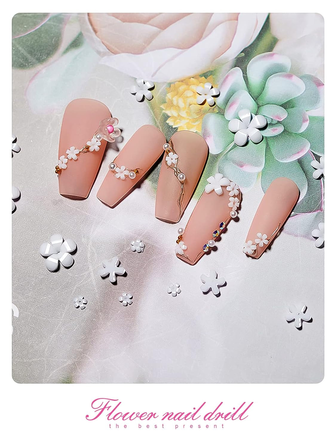 Kalolary Breloques pour nail art en forme de fleurs en acrylique 3D pour ongles, cinq pétales, ornements floraux, pierres précieuses, strass, perles métalliques mélangées pour bricolage, conception de nail art, fabrication de bijoux (2 boîtes)