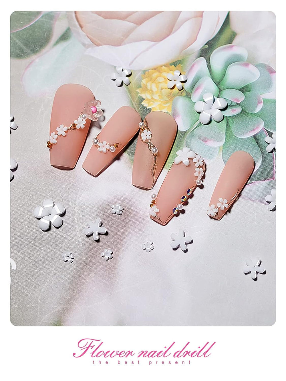 Kalolary Breloques pour nail art en forme de fleurs en acrylique 3D pour ongles, cinq pétales, ornements floraux, pierres précieuses, strass, perles métalliques mélangées pour bricolage, conception de nail art, fabrication de bijoux (2 boîtes)