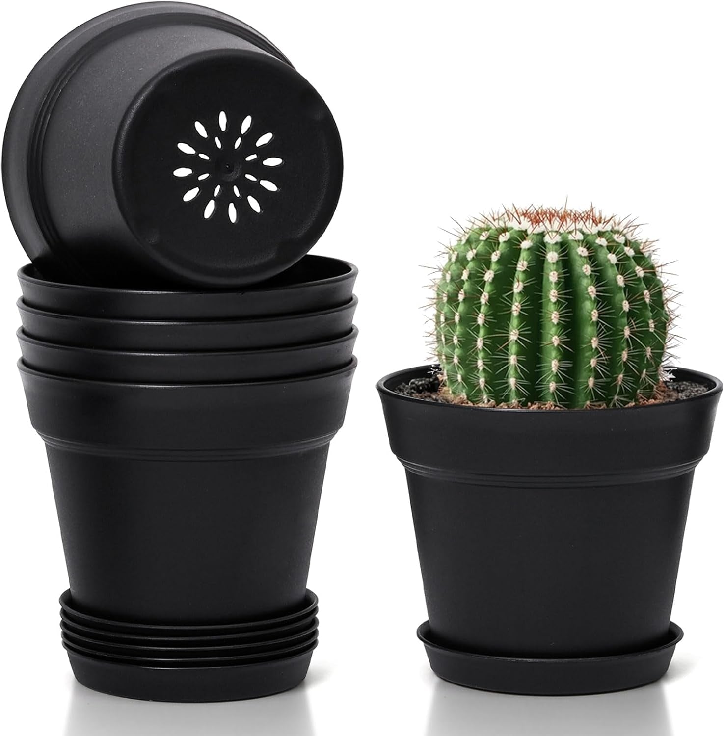 T4U Pot de Fleur en Plastique de 16 cm avec Soucoupe, Ensemble de 6 Pots à Herbes en Plastique avec Plusieurs Trous de Drainage, Pot Rond pour Plantes Succulentes d'intérieur et de Balcon, Cactus, Blanc