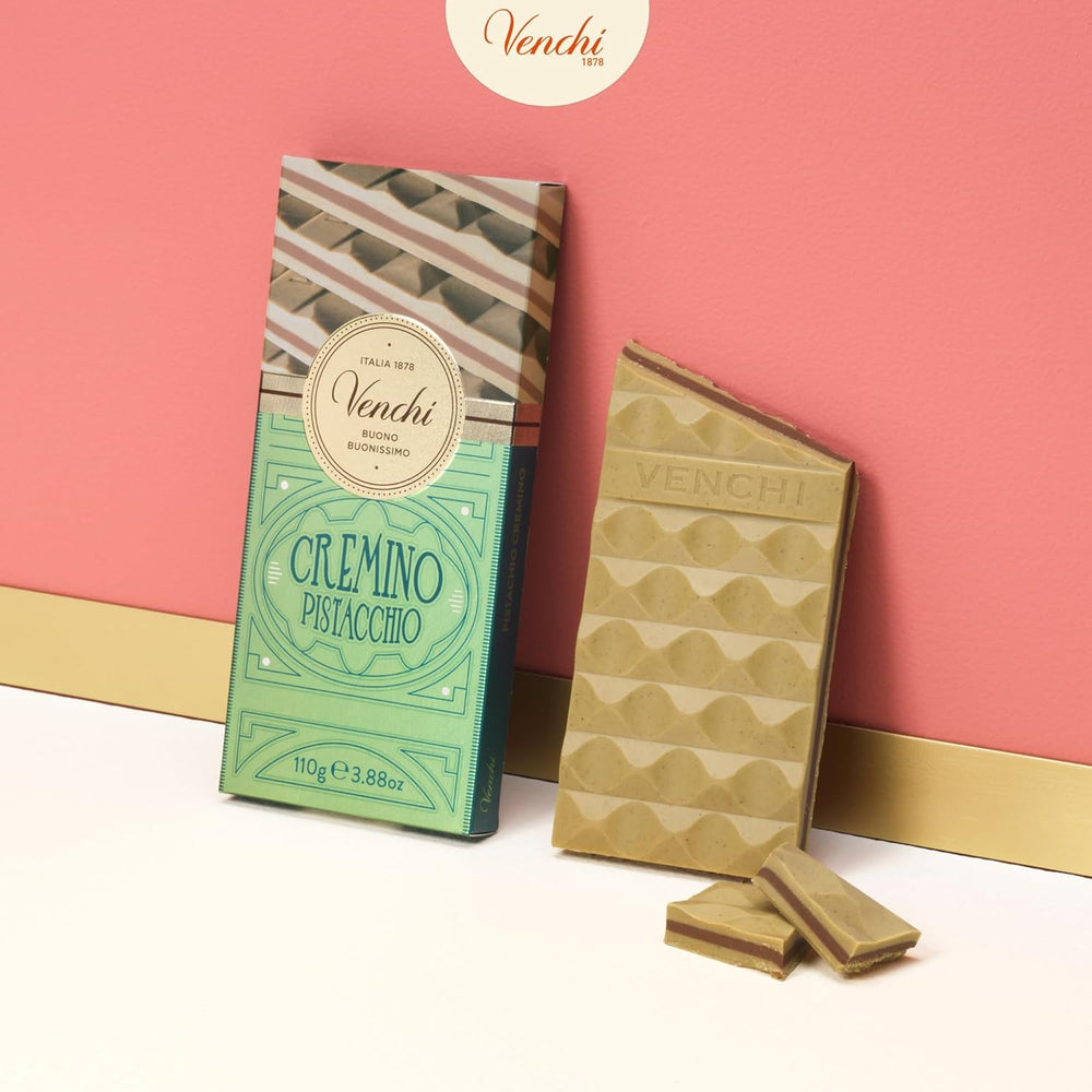 Venchi - Cremino Pistachio Bar, 110g, barre de chocolat au lait et blanc avec pâte de pistache, recette en trois couches aux saveurs méditerranéennes, sans gluten, sans colorants artificiels
