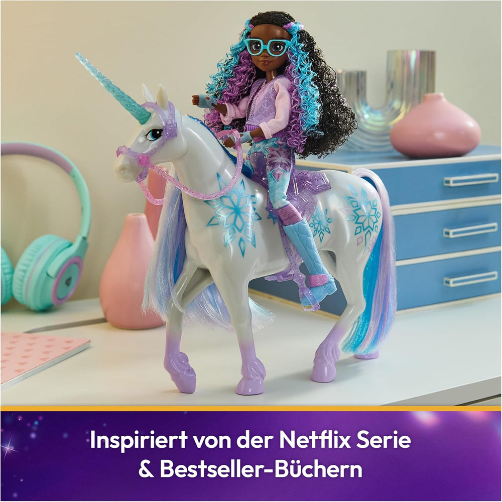 Unicorn Academy Unicorn Glacier - 28 cm de haut, la licorne Netflix originale de Layla avec une vraie crinière et une vraie queue, une bride, une selle et une brosse amovibles, à partir de 4 ans