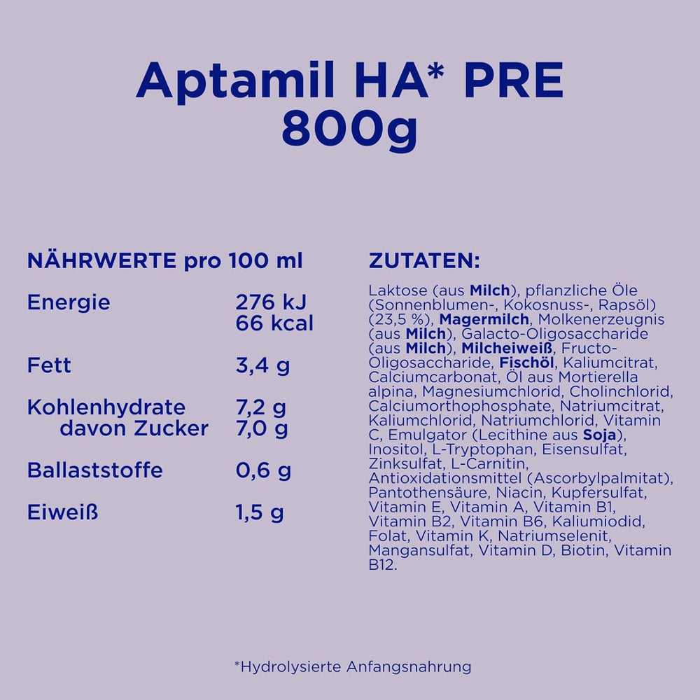Aptamil HA PRE – Mélange de lait de consommation, avec DHA, sans lactose, sans huile de palme, lait pour bébé, poudre de lait, 1x 800 g