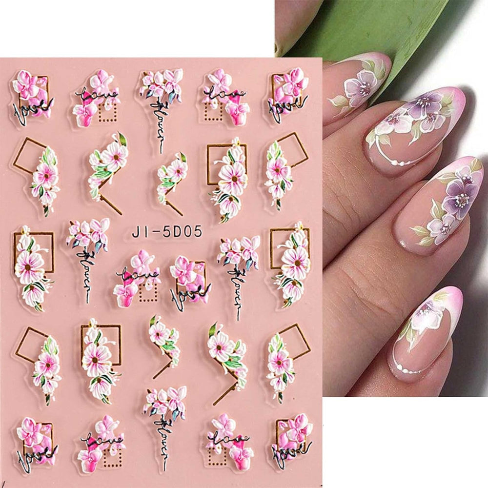 JMEOWIO Autocollants de manucure 3D pour ongles, fleurs, autocollants pour nail art, autocollants auto-adhésifs, bandes stéréoscopiques 5D, décoration de fleurs d'été, design de manucure, 4 feuilles