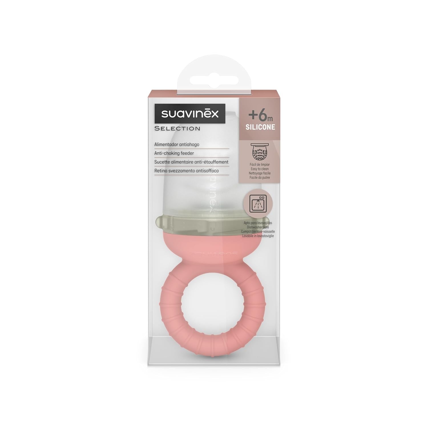 Suavinex Anneau de dentition pour bébé, anti-étouffement, qualité alimentaire, silicone, avec couvercle, facile à nettoyer, passe au lave-vaisselle et au congélateur, apaise les gencives, 6 mois et plus, rose
