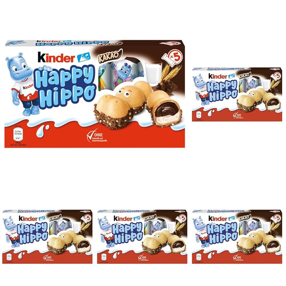 Kinder Happy Hippo Noisette - Spécialité Gaufrettes Croquantes au Lait et Crème de Noisettes - Bonbons Carnaval et Mardi Gras - 1 paquet contenant 5 barres individuelles de 20,7 g chacune
