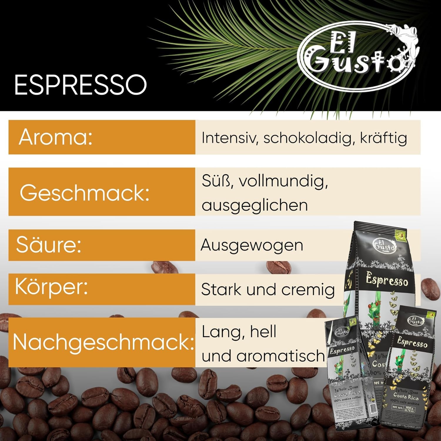 El Gusto Espresso Kaffee aus Ganzen Bohnen au Costa Rica, Dunkel Geröstet, Creative Mischung, 100% Arabica, Frischer Gourmet-Kaffee 3er Pack