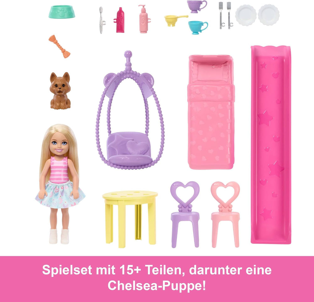 Maison de poupée Barbie Chelsea avec plus de 15 accessoires, maison pop-up s'étendant jusqu'à plus de 42 x 33 cm avec 5 aires de jeu et un toboggan, avec une petite poupée et un chien, JFW49